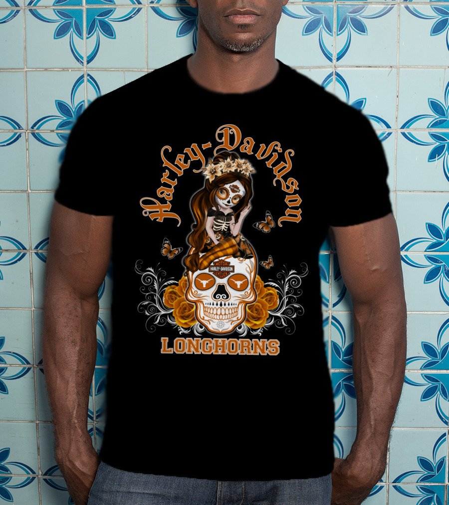 Harley Davidson Longhorns Texas Girl Skull Floral Motif T-Shirt