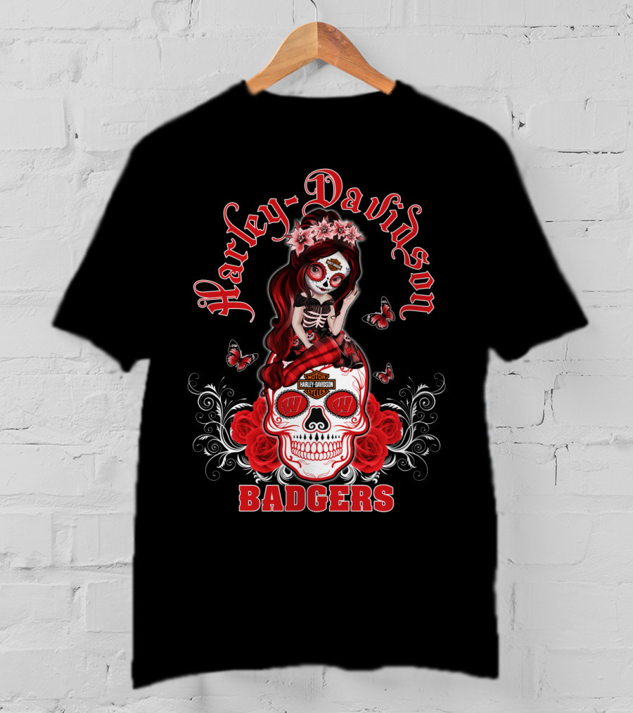 Harley Davidson Wisconsin Badgers Skull Rose Blossoms T-Shirt
