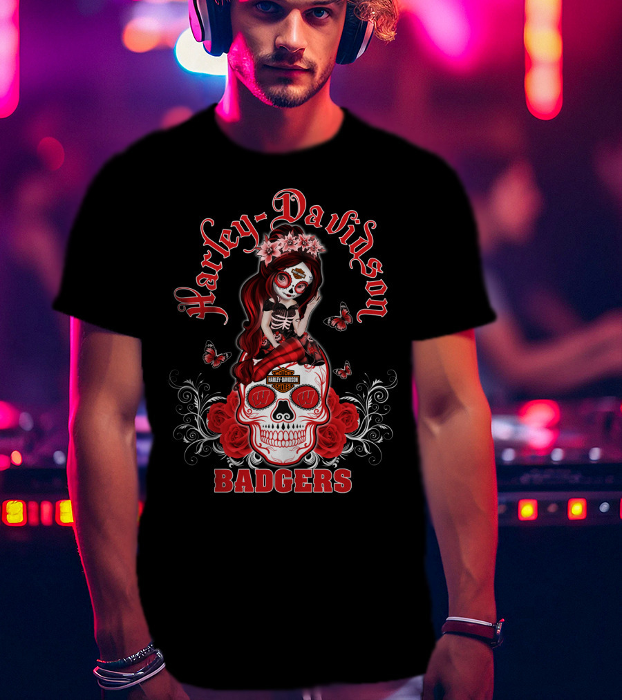 Harley Davidson Wisconsin Badgers Skull Rose Blossoms T-Shirt
