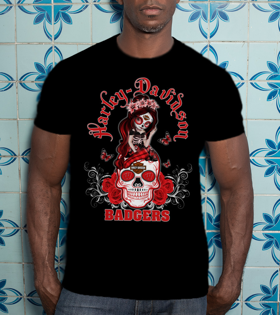 Harley Davidson Wisconsin Badgers Skull Rose Blossoms T-Shirt