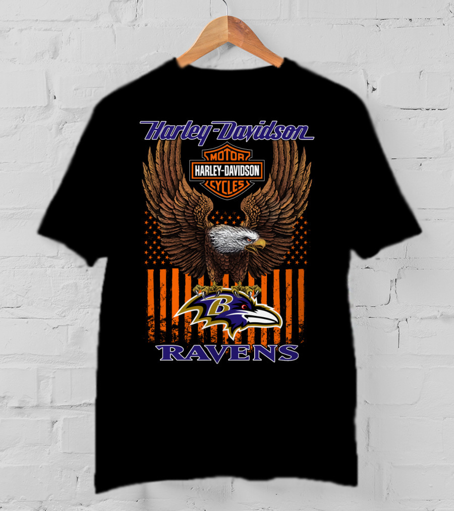 Harley Davidson Motor Cycles Baltimore Ravens Eagle American Flag T-Shirt