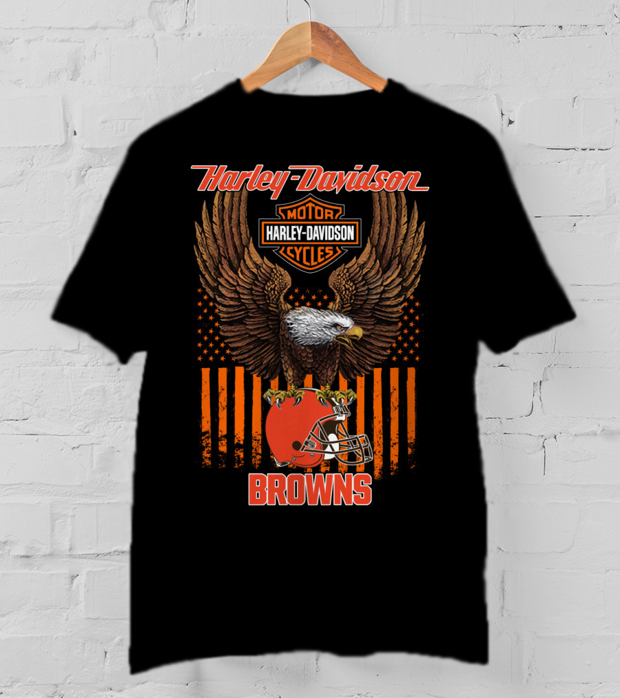Harley Davidson Motor Cycles Nfl Cleveland Browns Eagle Flag T-Shirt