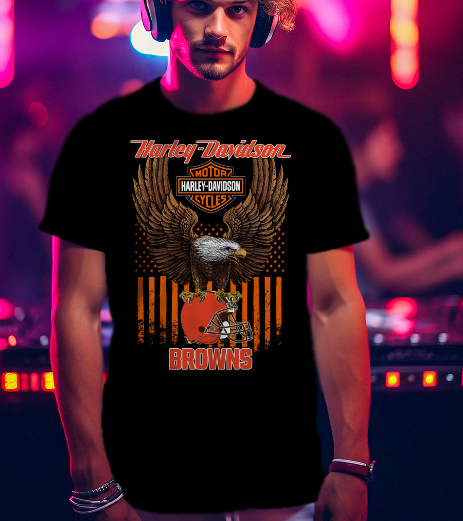 Harley Davidson Motor Cycles Nfl Cleveland Browns Eagle Flag T-Shirt