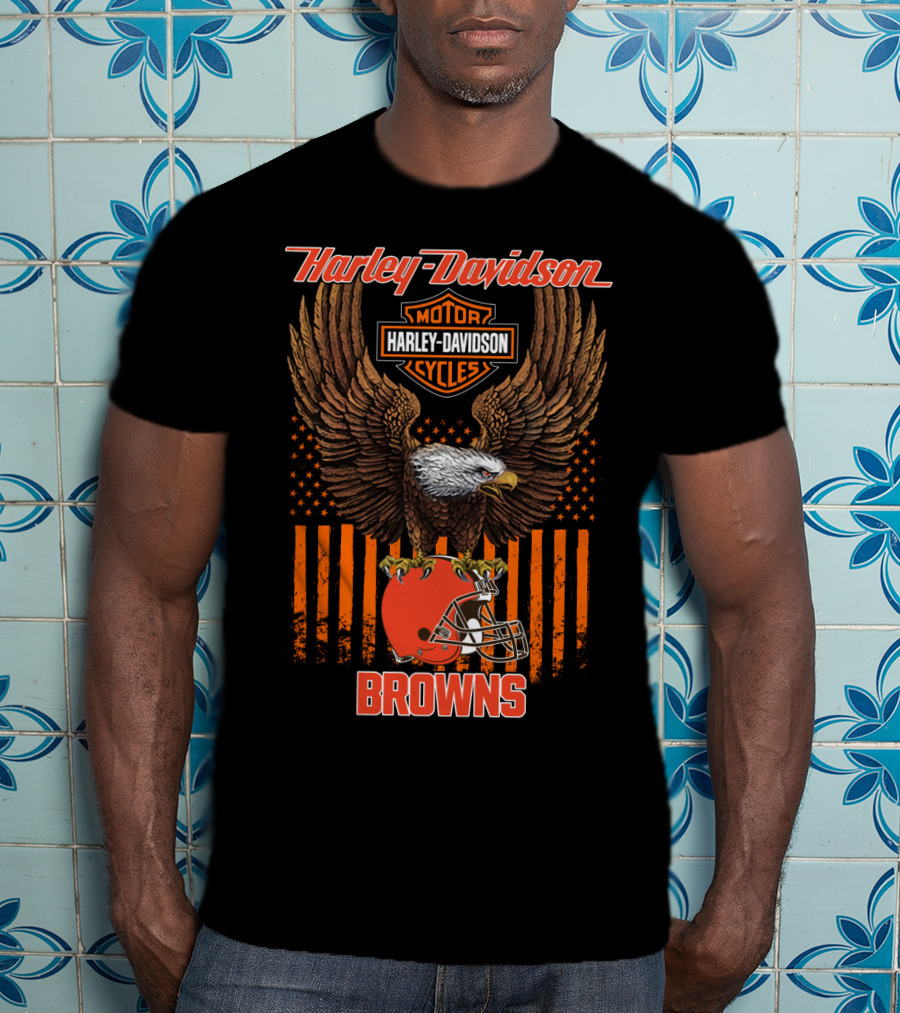 Harley Davidson Motor Cycles Nfl Cleveland Browns Eagle Flag T-Shirt