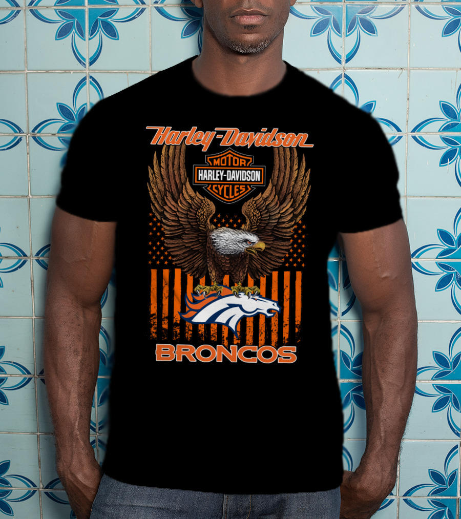 Harley Davidson Motor Cycles Denver Broncos Eagle American Flag T-Shirt