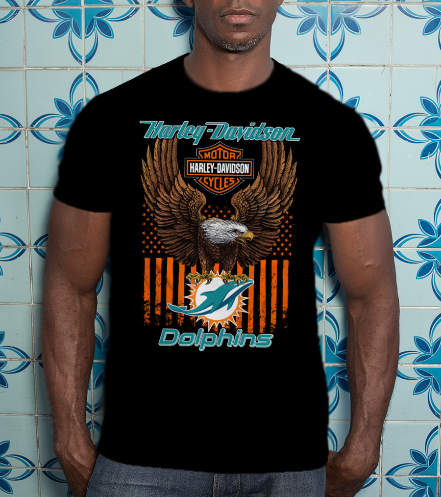 Harley Davidson Motor Cycles Miami Dolphins Eagle Stars Stripes T-Shirt