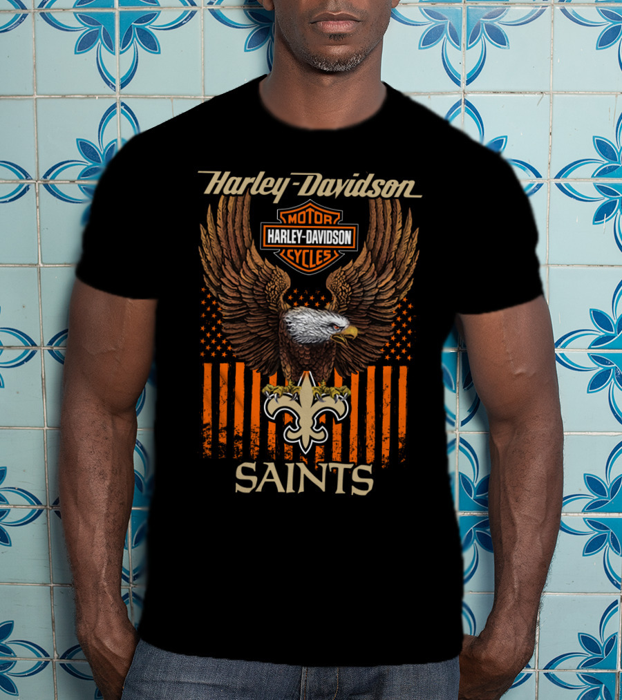 Harley Davidson Motor Cycles New Orleans Saints Eagle Fleur-De-Lis T-Shirt