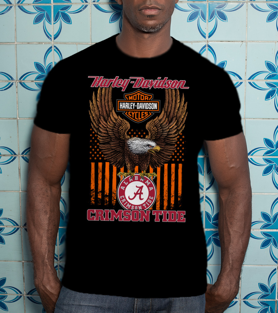 Harley Davidson Alabama Crimson Tide Eagle Usa Flag T-Shirt