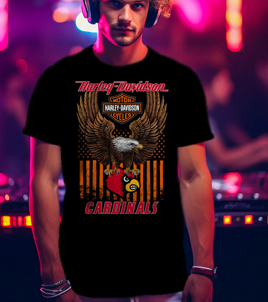 Harley Davidson Motor Cycles Louisville Cardinals Eagle Patriotic Flag T-Shirt