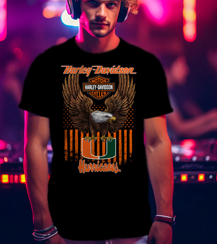 Harley Davidson Miami Hurricanes U Logo With Eagle And Stripes T-Shirt