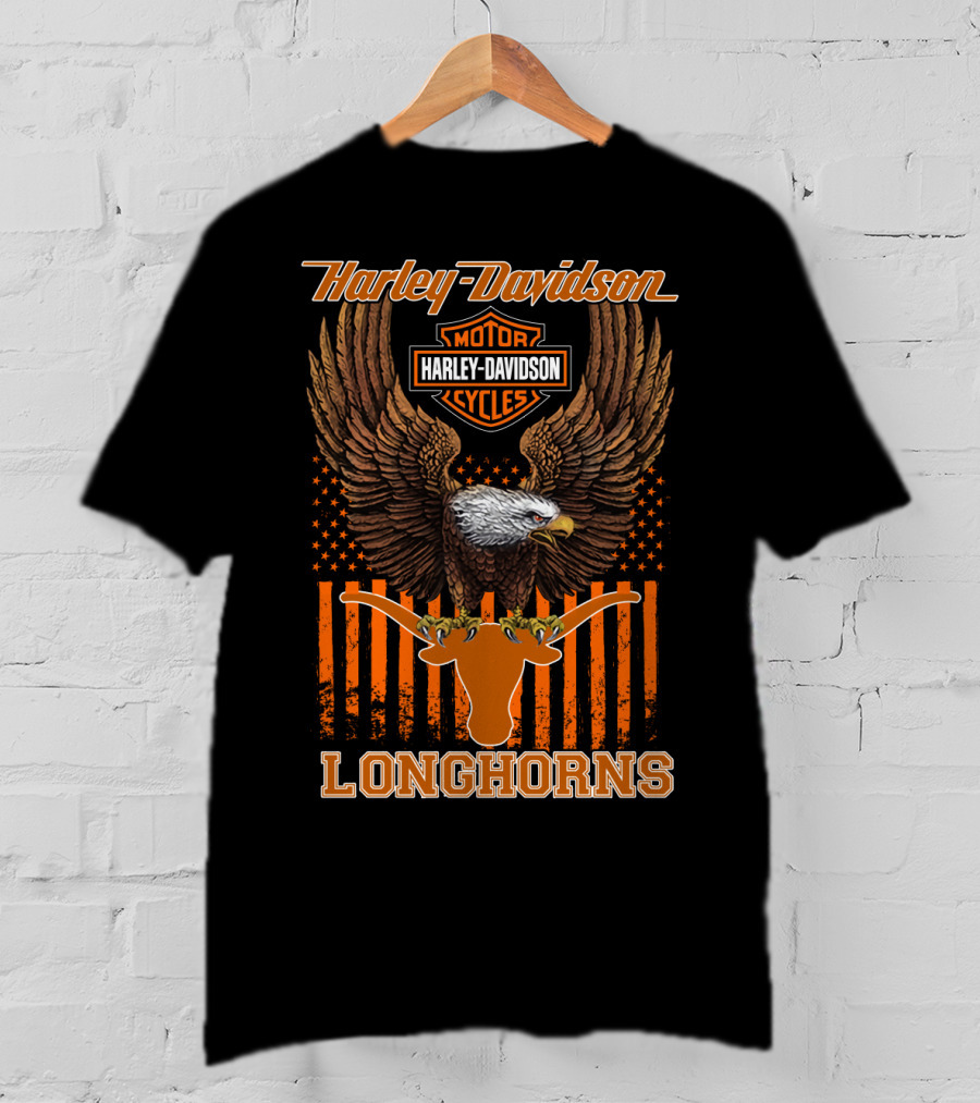 Harley Davidson Motor Cycles Eagle Stars And Stripes Longhorns T-Shirt