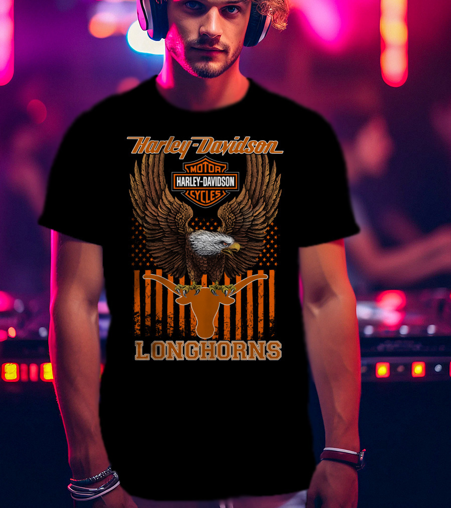 Harley Davidson Motor Cycles Eagle Stars And Stripes Longhorns T-Shirt
