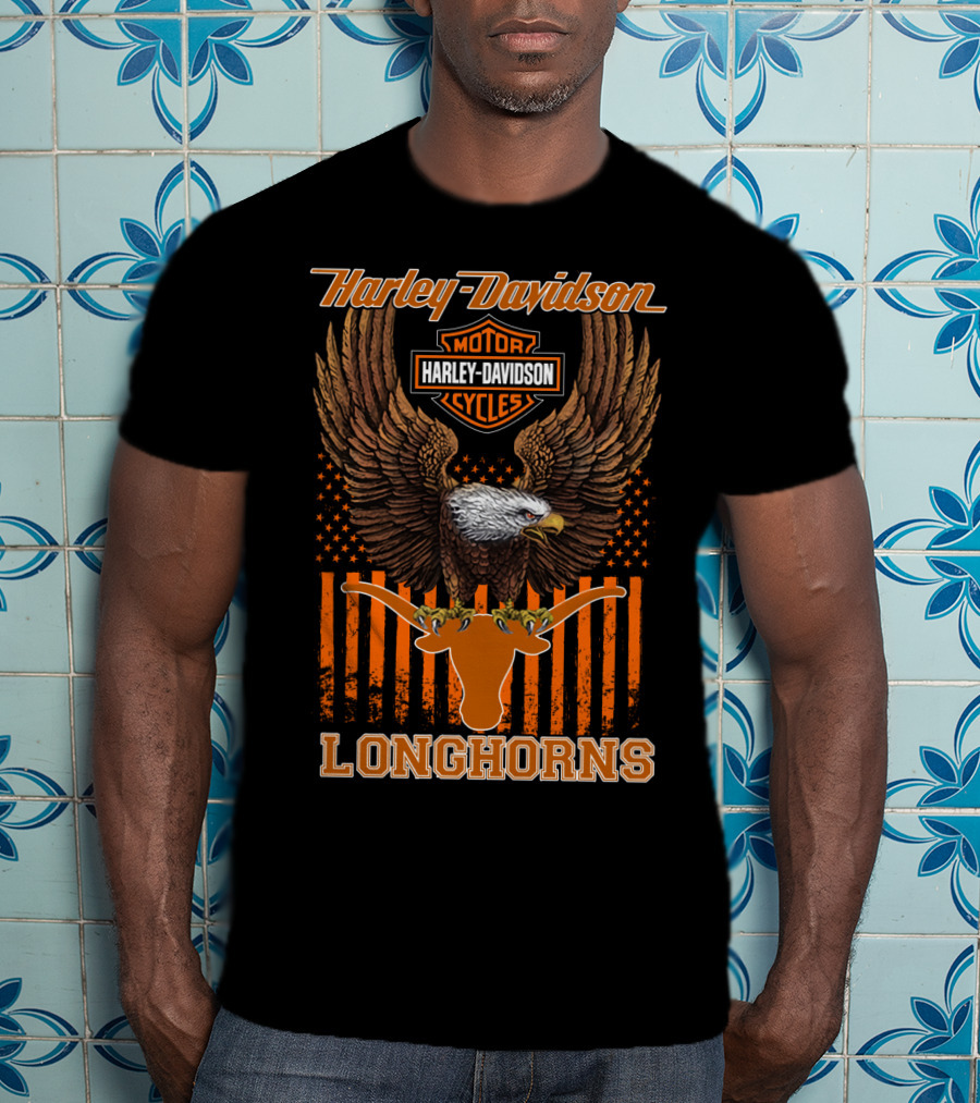 Harley Davidson Motor Cycles Eagle Stars And Stripes Longhorns T-Shirt