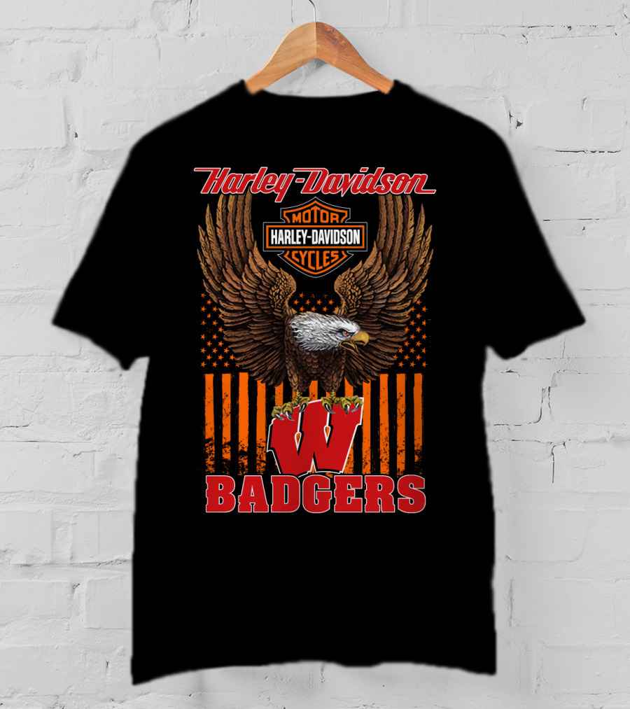 Harley Davidson Motor Cycles Wisconsin Badgers Eagle Stars And Stripes T-Shirt