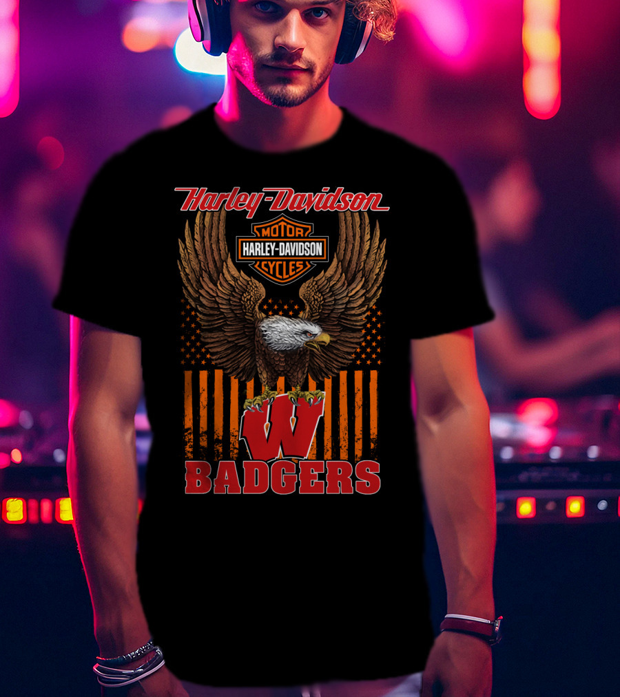 Harley Davidson Motor Cycles Wisconsin Badgers Eagle Stars And Stripes T-Shirt