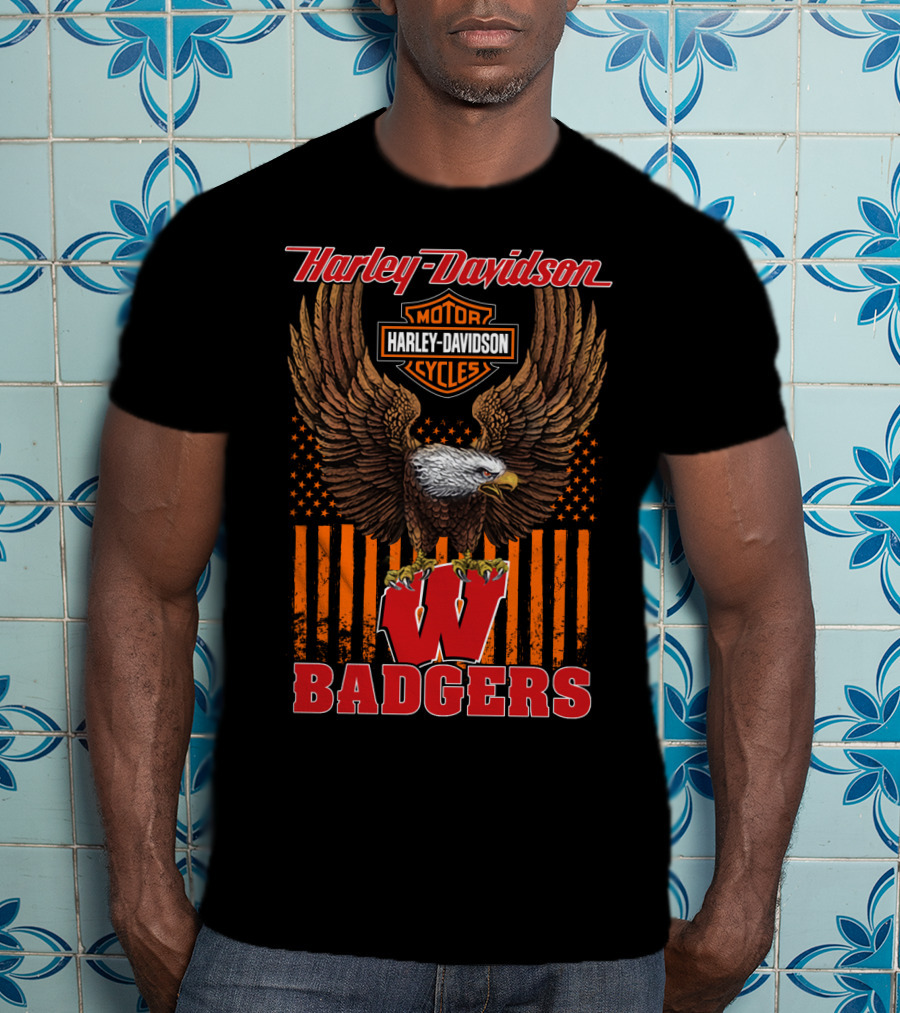 Harley Davidson Motor Cycles Wisconsin Badgers Eagle Stars And Stripes T-Shirt