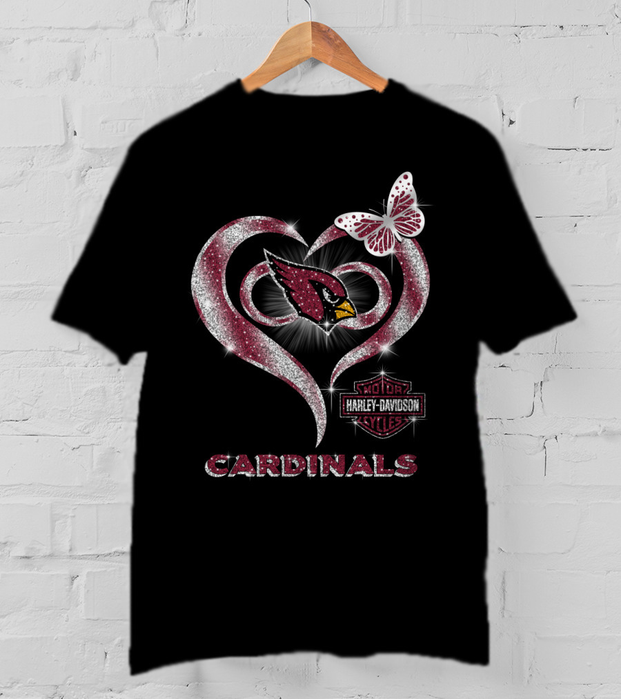 Arizona Cardinals Harley Davidson Logo Heart And Butterfly Sparkle T-Shirt