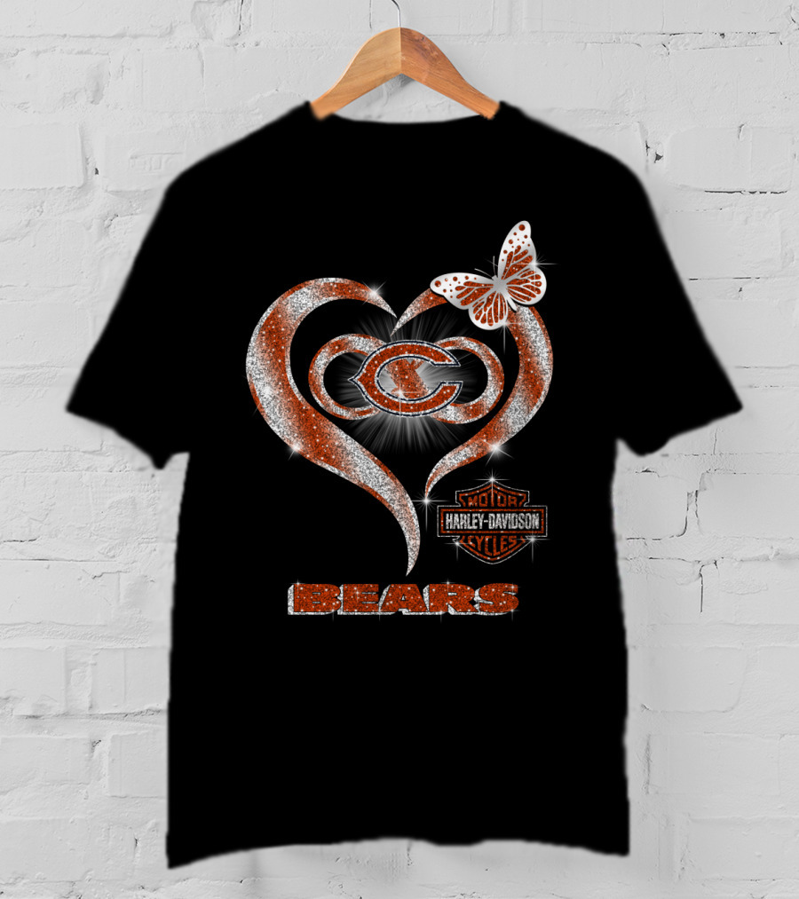 Chicago Bears Heart Harley Davidson Butterfly T-Shirt