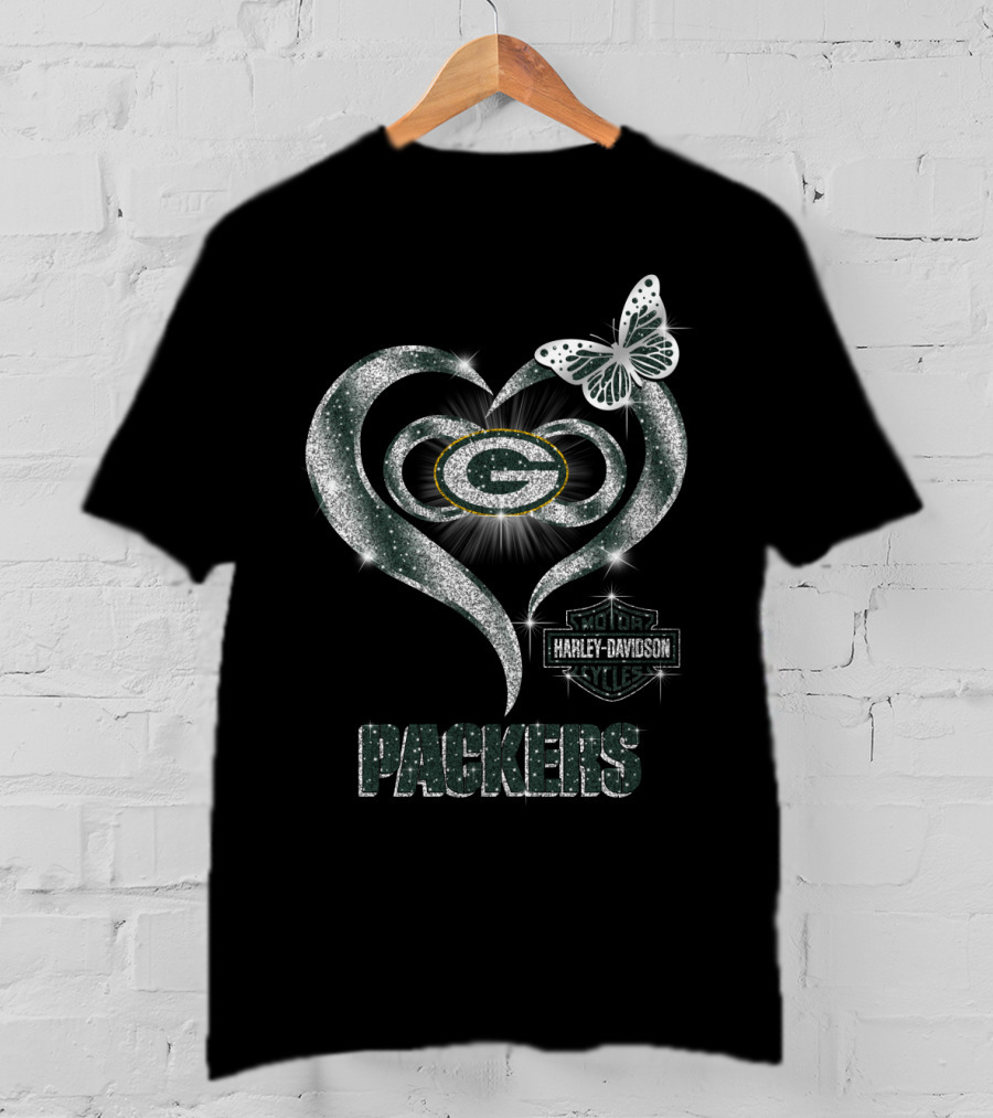 Green Bay Packers Harley Davidson Heart Butterfly T-Shirt