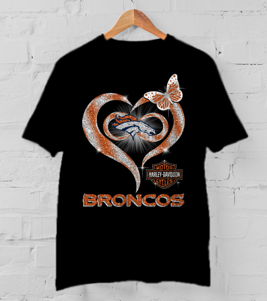 Denver Broncos Heart Harley Davidson Butterfly T-Shirt