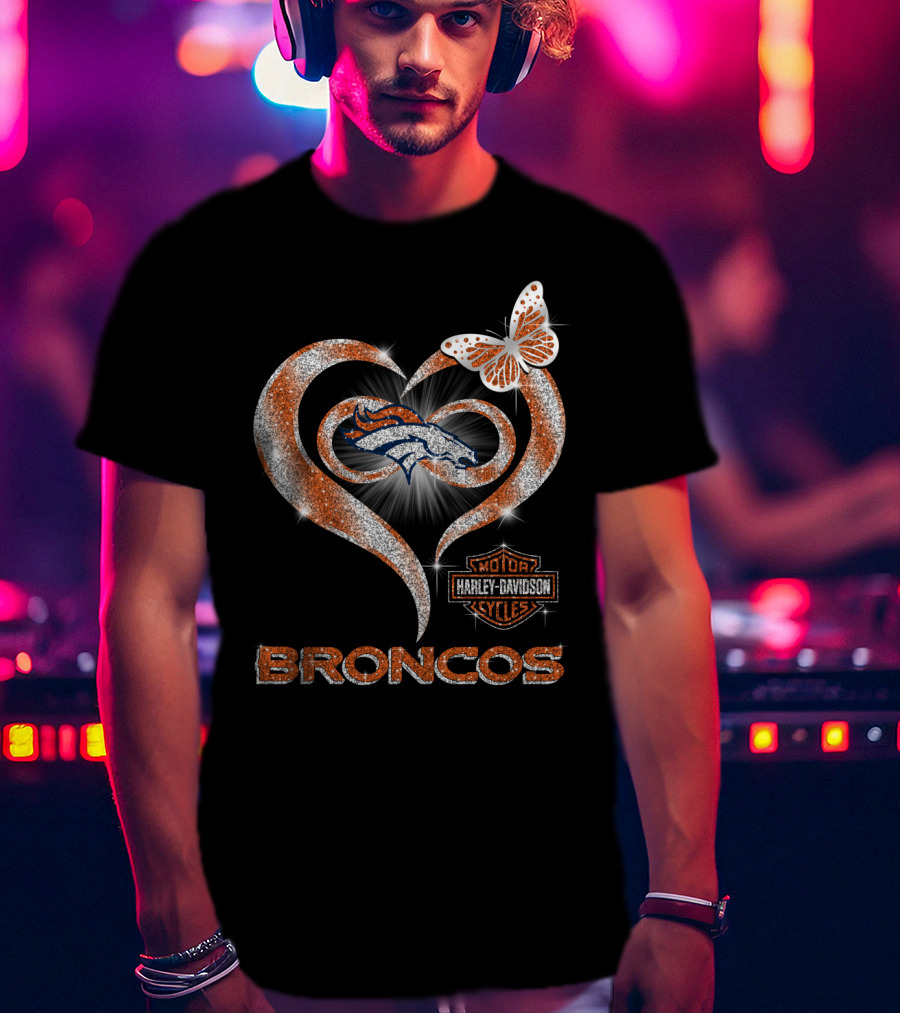 Denver Broncos Heart Harley Davidson Butterfly T-Shirt