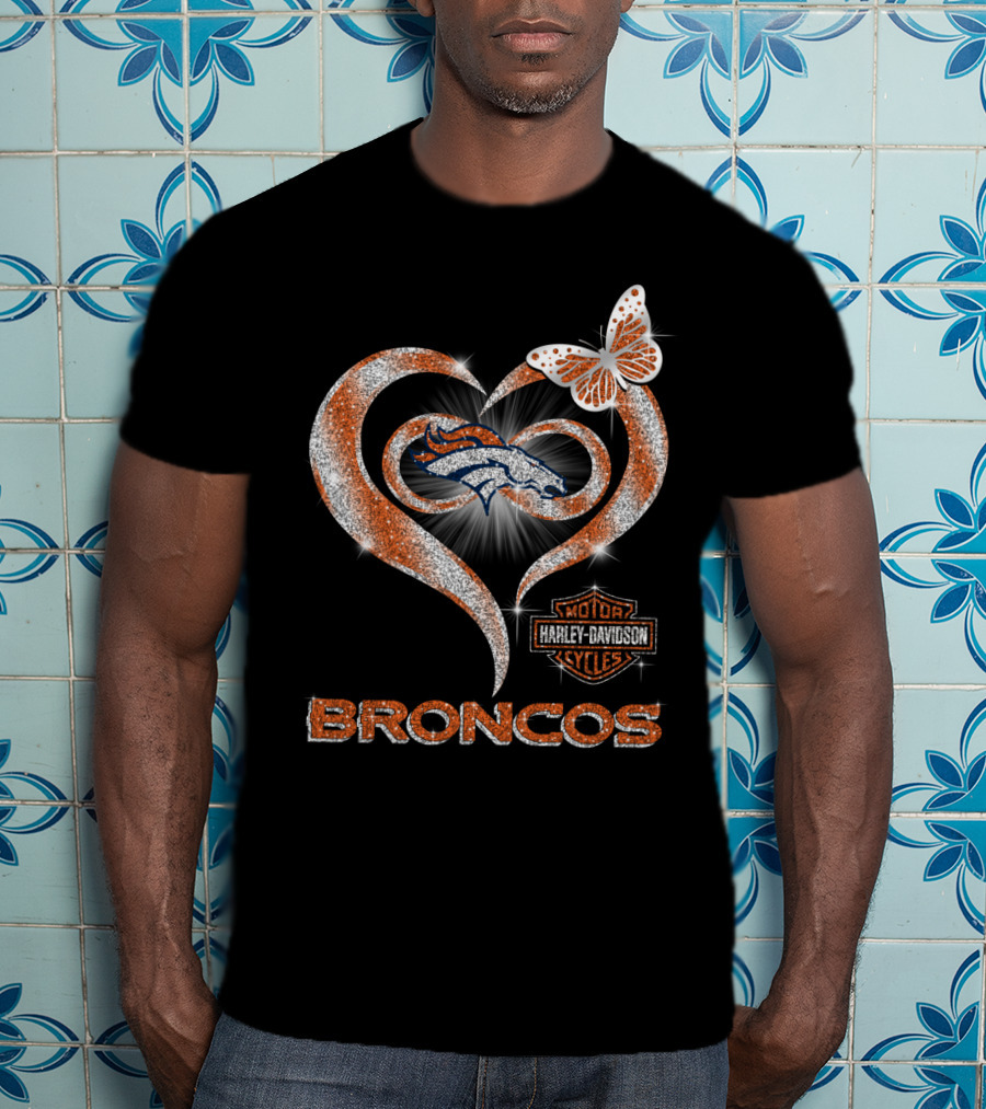 Denver Broncos Heart Harley Davidson Butterfly T-Shirt