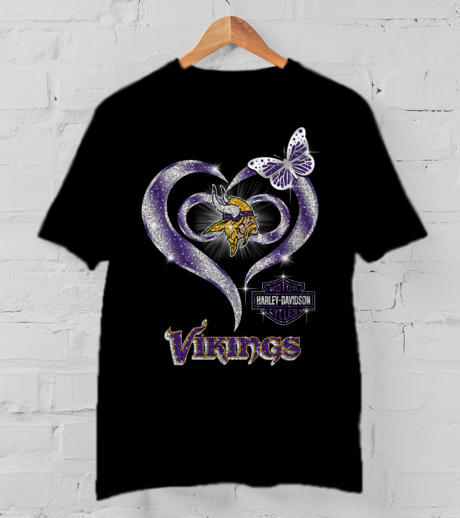 Minnesota Vikings Harley Davidson Heart Butterfly T-Shirt