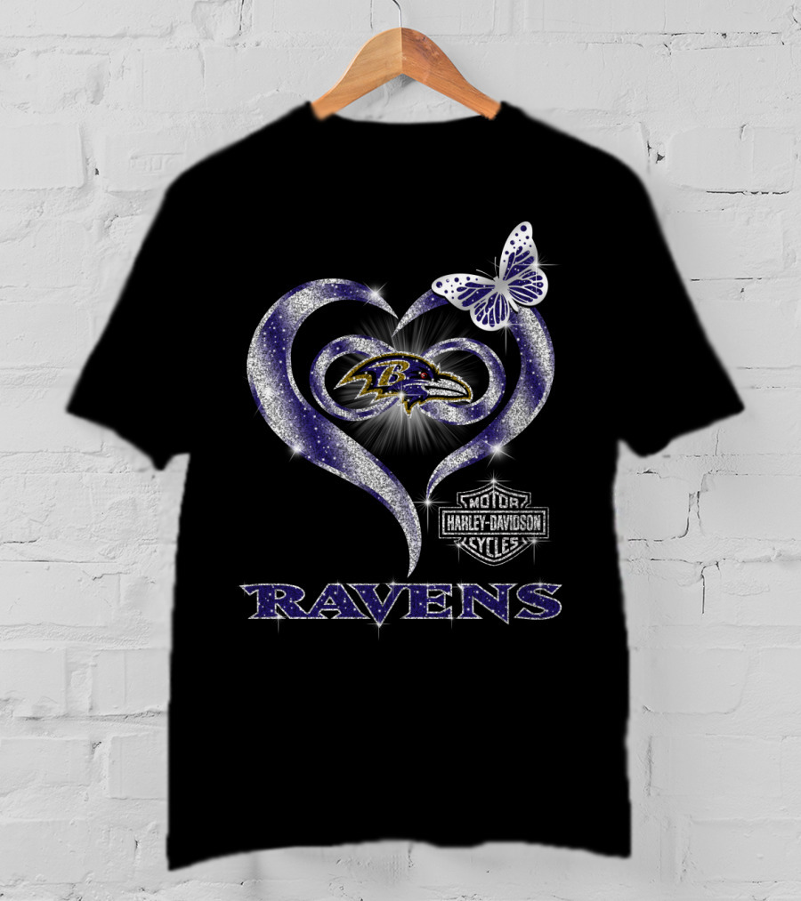 Baltimore Ravens Heart Harley Davidson Butterfly T-Shirt