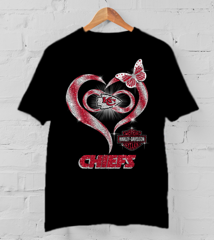 Kansas City Chiefs Harley Davidson Heart Butterfly T-Shirt