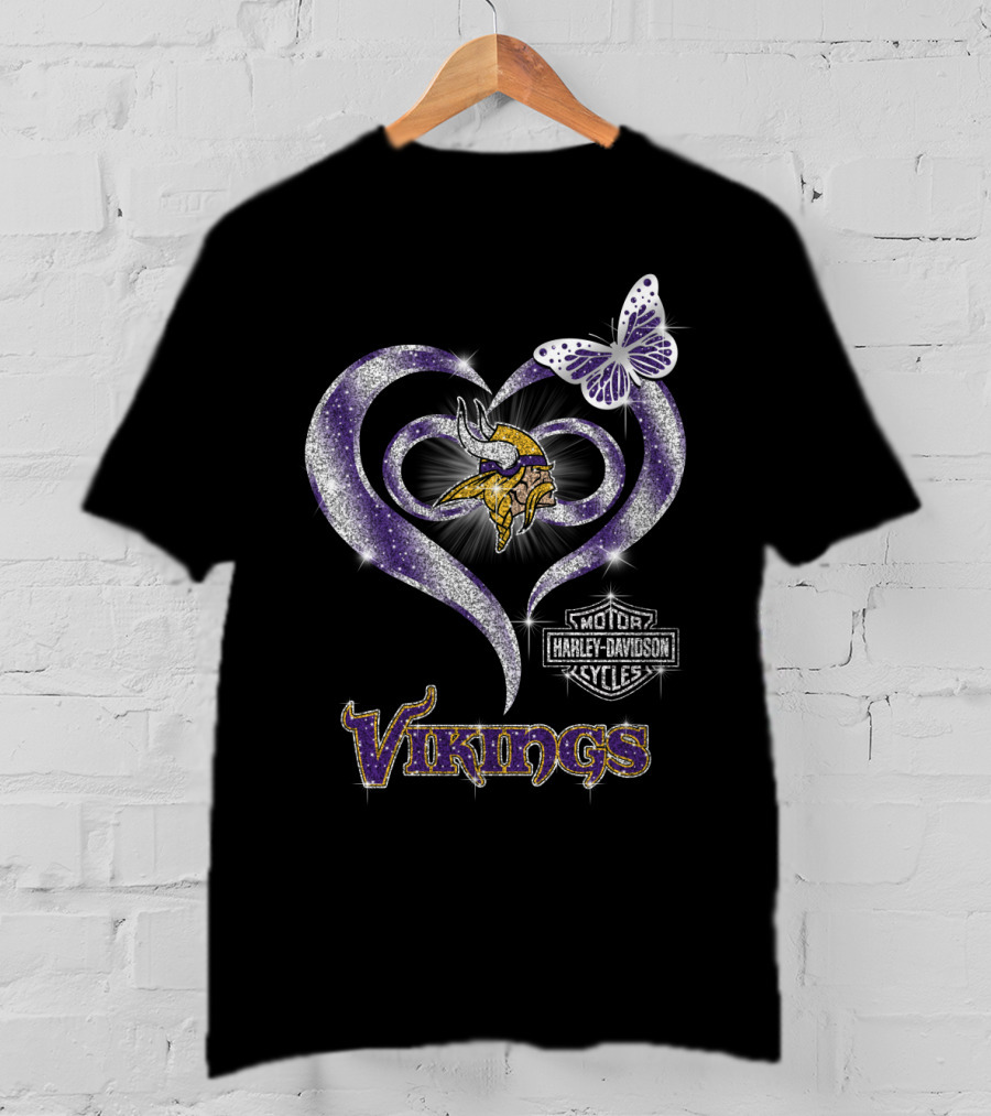 Vikings Harley Davidson Butterfly Heart T-Shirt
