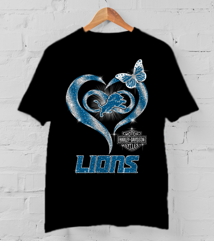 Detroit Lions Harley Davidson Motor Cycles Heart Butterfly T-Shirt