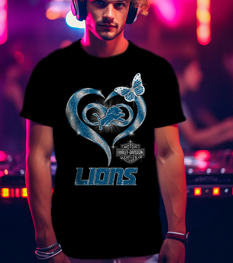 Detroit Lions Harley Davidson Motor Cycles Heart Butterfly T-Shirt