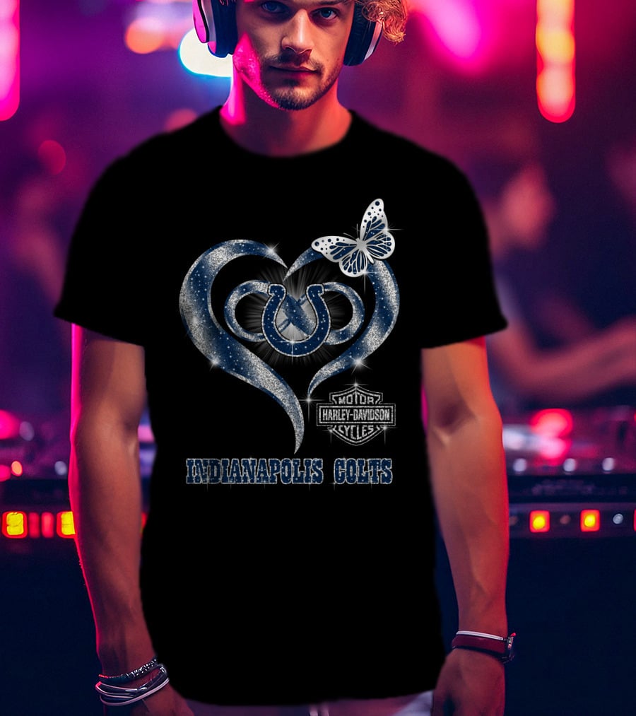 Indianapolis Colts Harley Davidson Heart Logo With Butterfly T-Shirt