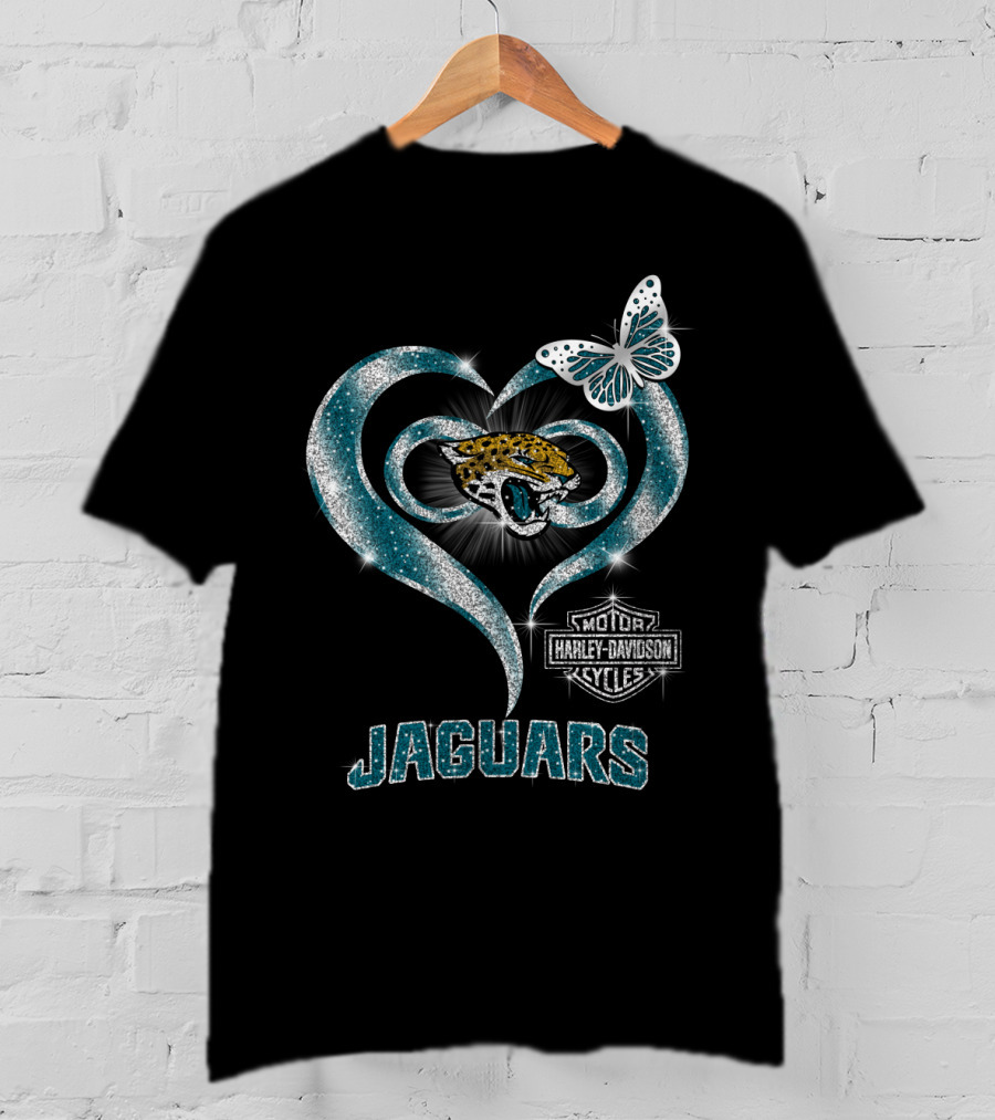 Jacksonville Jaguars Heart Harley Davidson Butterfly T-Shirt