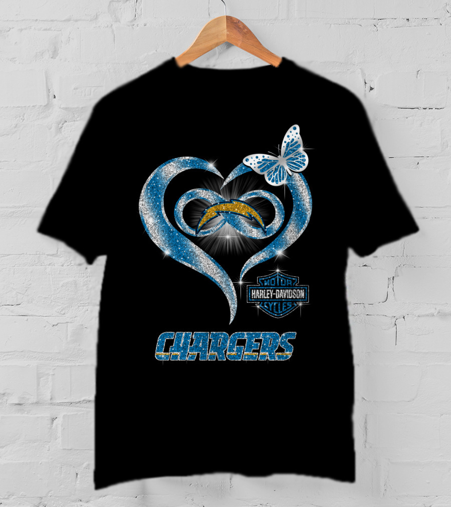 Hlh01 Los Angeles Chargers Harley Davidson Motorcycles Heart Butterfly T-Shirt