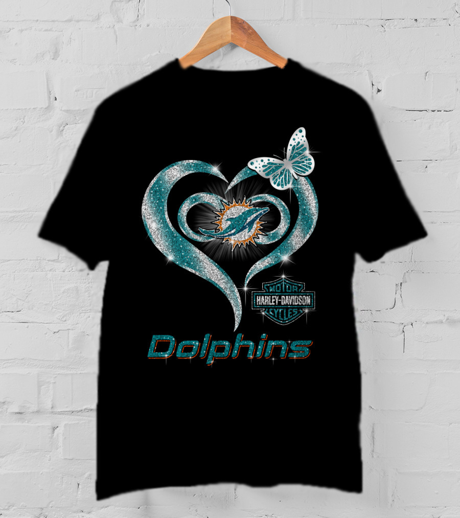 Miami Dolphins Heart With Harley Davidson Logo And Butterfly T-Shirt