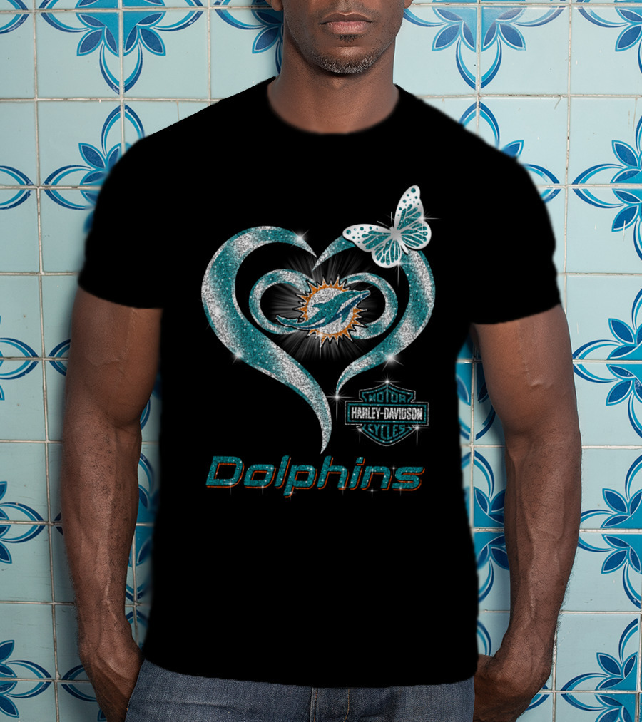 Miami Dolphins Heart With Harley Davidson Logo And Butterfly T-Shirt