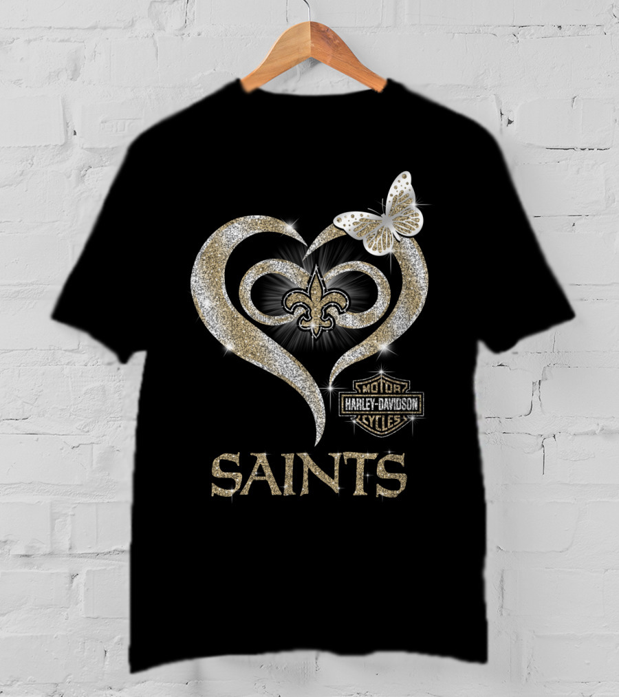 New Orleans Saints Harley Davidson Heart Fleur-De-Lis Butterfly T-Shirt