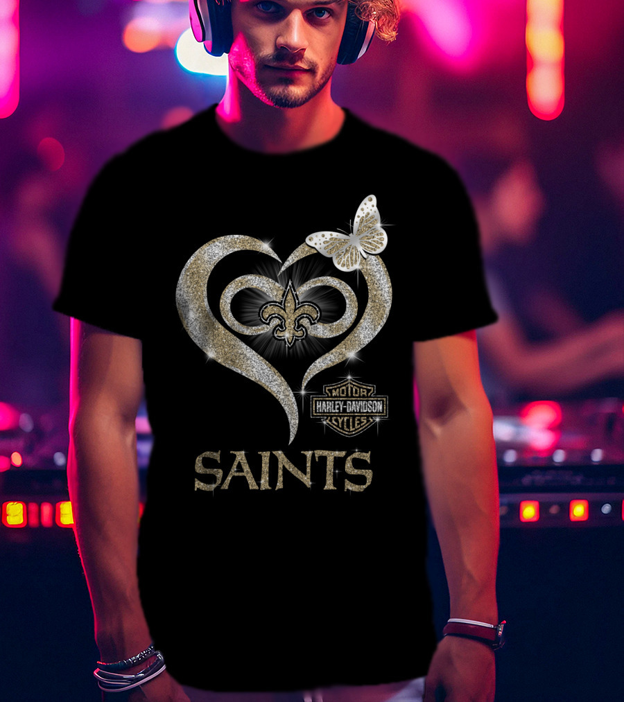 New Orleans Saints Harley Davidson Heart Fleur-De-Lis Butterfly T-Shirt