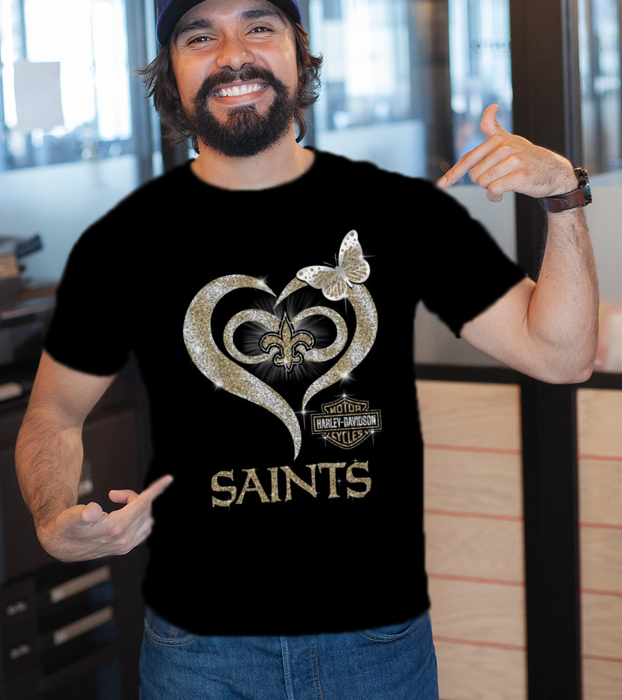 New Orleans Saints Harley Davidson Heart Fleur-De-Lis Butterfly T-Shirt