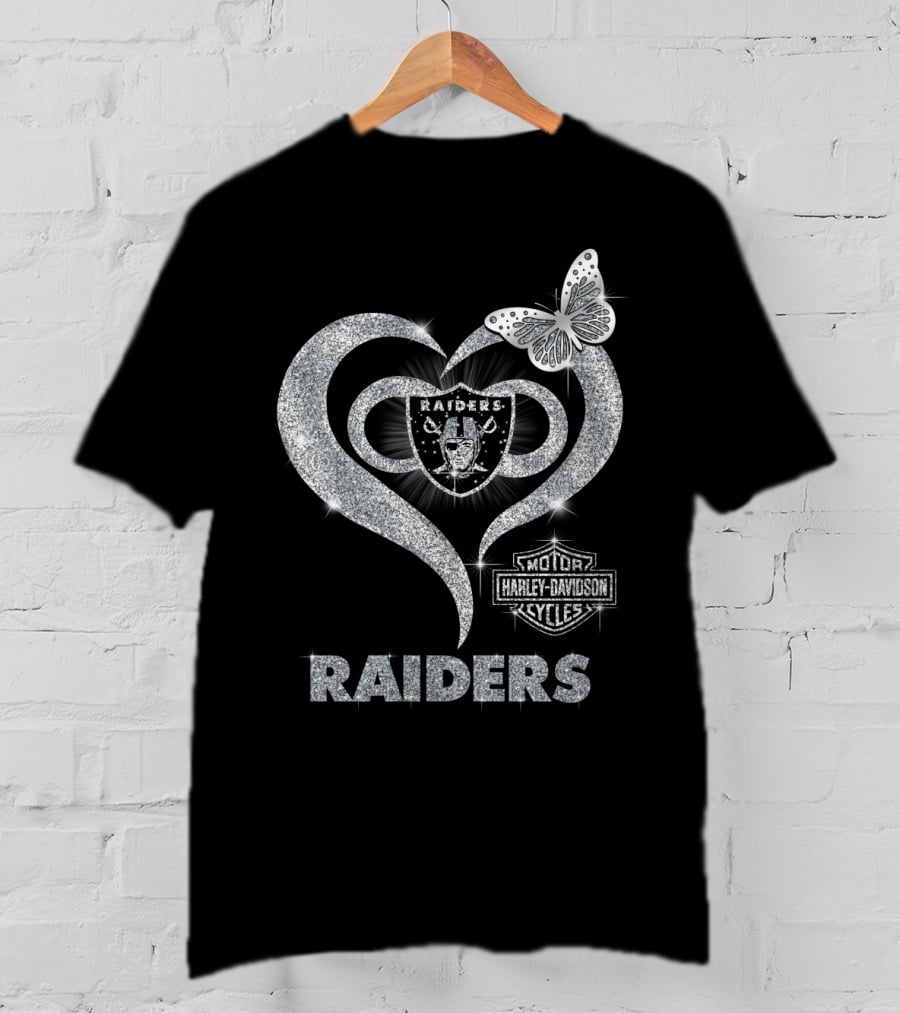 Hlh01 Raiders Harley Davidson Cycles Silver Butterfly Heart T-Shirt