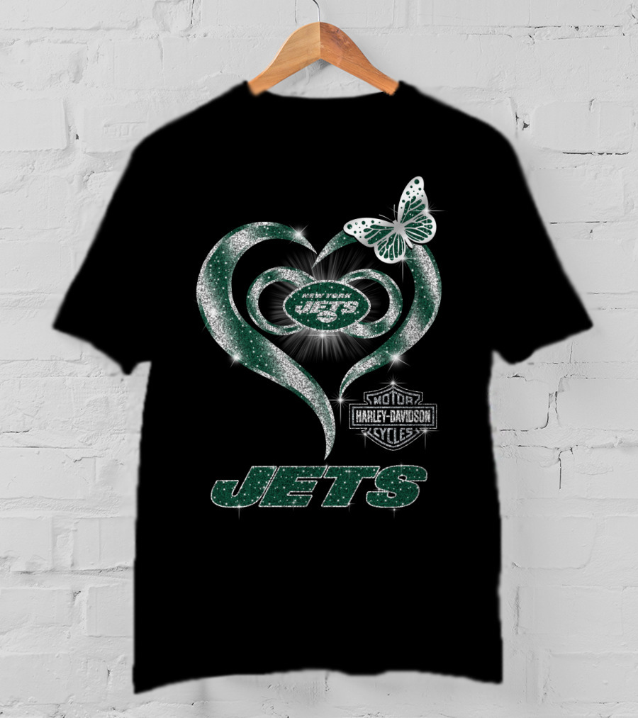New York Jets Harley Davidson Heart And Butterfly Sparkle T-Shirt