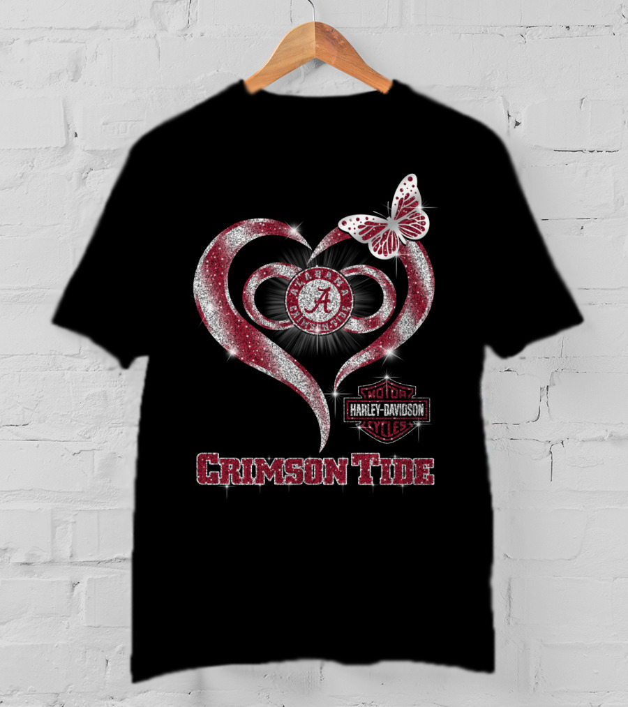 Alabama Crimson Tide Harley Davidson Heart With Butterfly Sparkle T-Shirt
