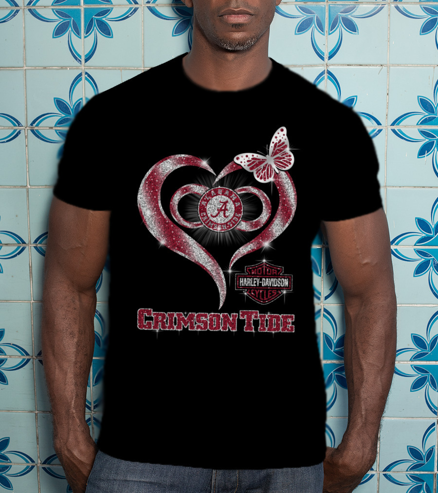Alabama Crimson Tide Harley Davidson Heart With Butterfly Sparkle T-Shirt