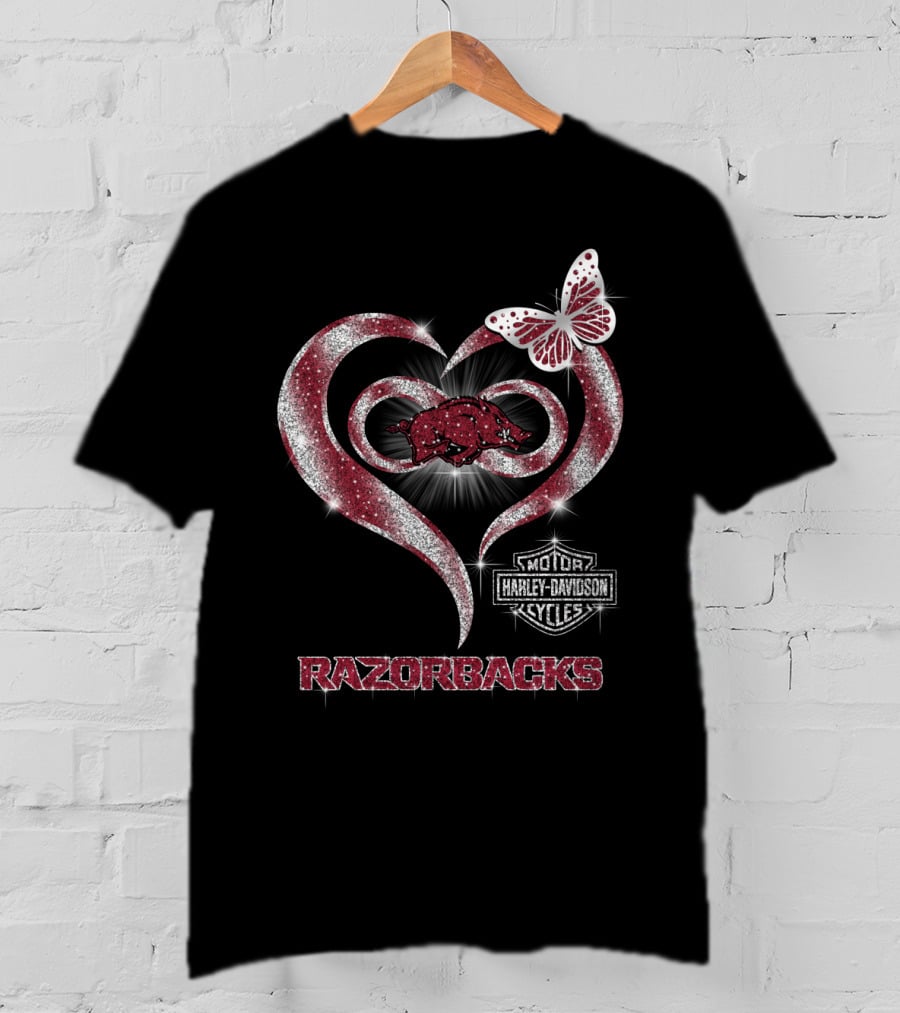 Razorbacks Heart Arkansas Harley Davidson Cycles Butterfly T-Shirt