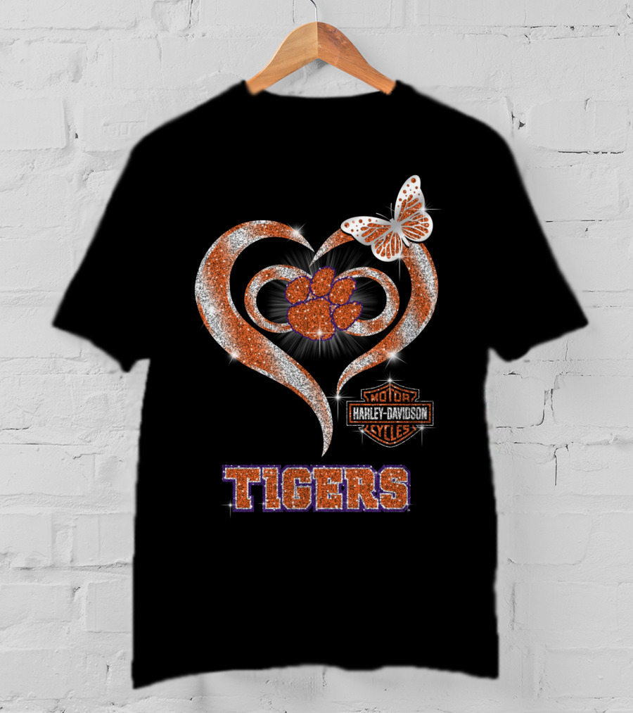 Clemson Tigers Harley Davidson Heart With Paw Print And Butterfly T-Shirt