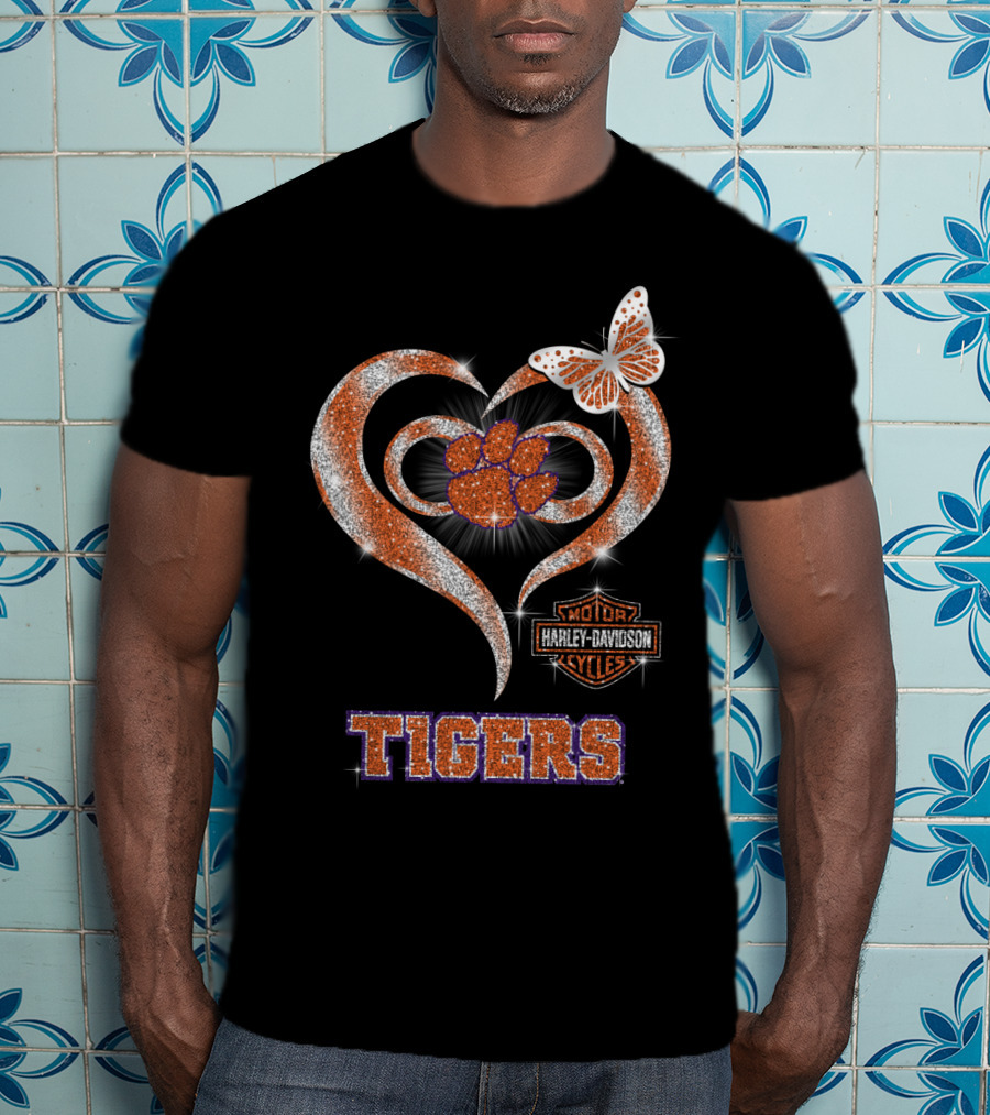 Clemson Tigers Harley Davidson Heart With Paw Print And Butterfly T-Shirt