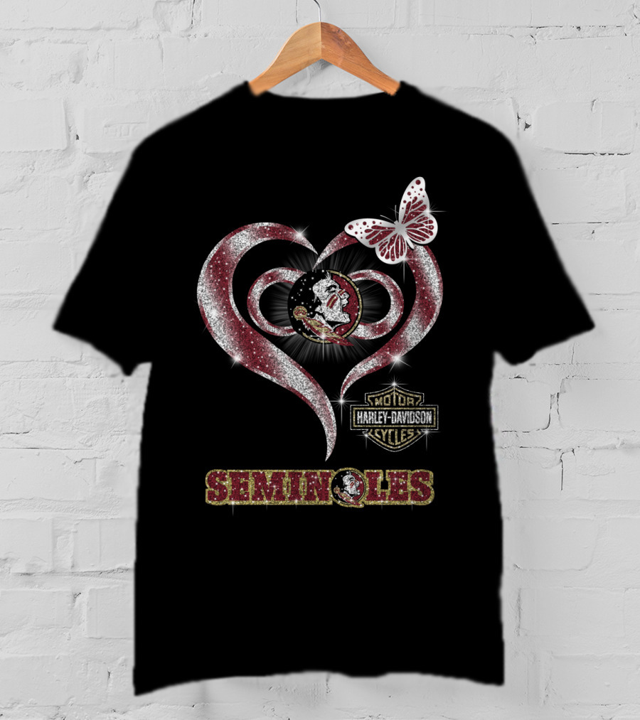 Seminoles Heart With Harley Davidson And Butterfly Motif T-Shirt