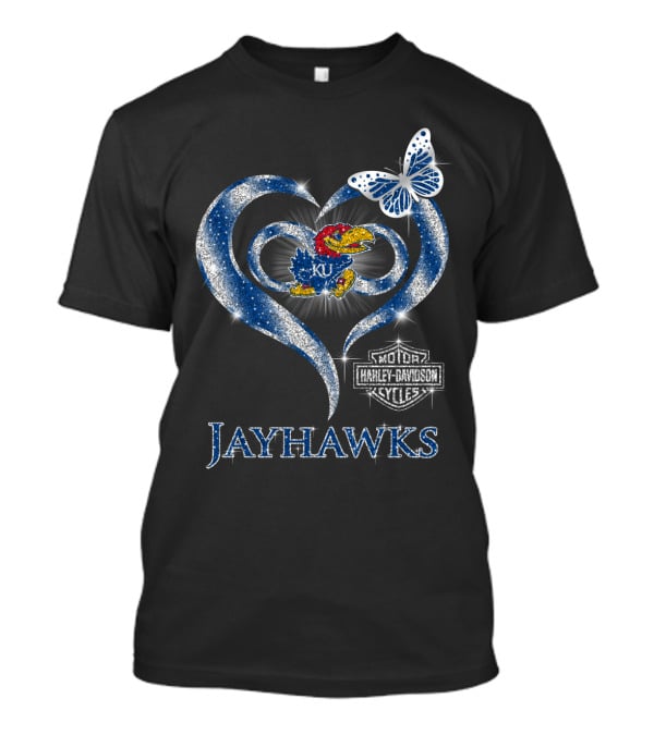 Ku Kansas Jayhawks Harley Davidson Heart Butterfly T-Shirt