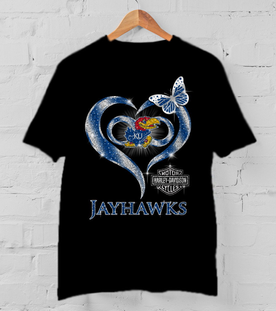 Ku Kansas Jayhawks Harley Davidson Heart Butterfly T-Shirt